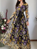 New elegant ladies cross collar lantern long sleeve waist oversized swing floral fashion mesh print romantic holiday maxi dress - Yellow