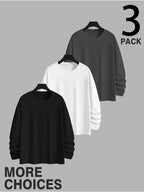 Men'S Long Sleeve T-Shirt - 3pcs Loose Round Neck Basic Long Sleeve Set, No Print Minimalist Design for Versatile Styling, Relaxed Fit with High Inclusivity, Flexible Fabric for Comfortable Casual Wear, Suitable for Home Leisure, City Strolls - Mixed colors