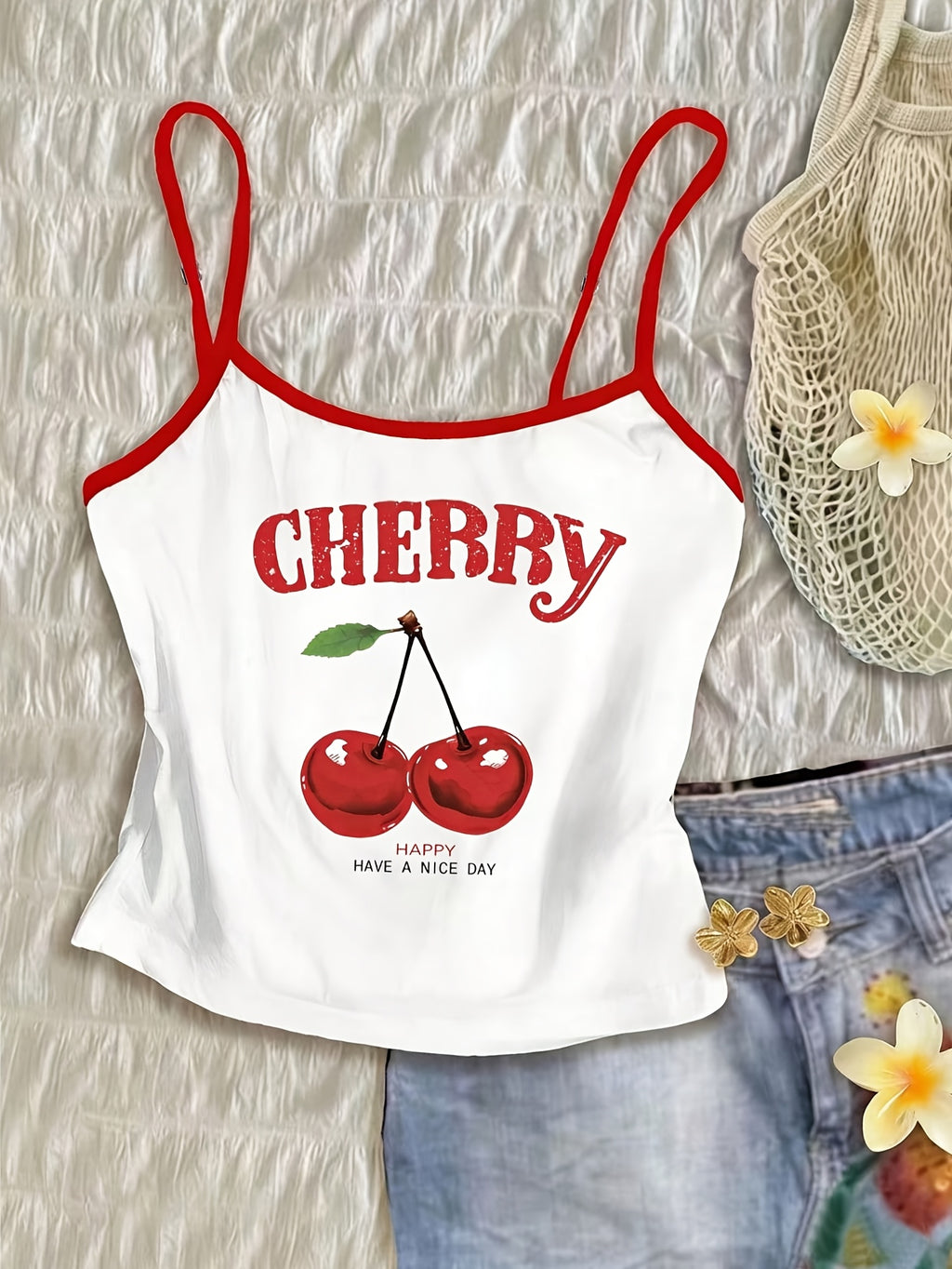 Women'S Tight Fruit Print Casual Camisole Tank Top, Summer Cami Top, Casual Vest, Vacation Vest, Casual Daily, Commute, Vacation Style, New Summer Styles - White