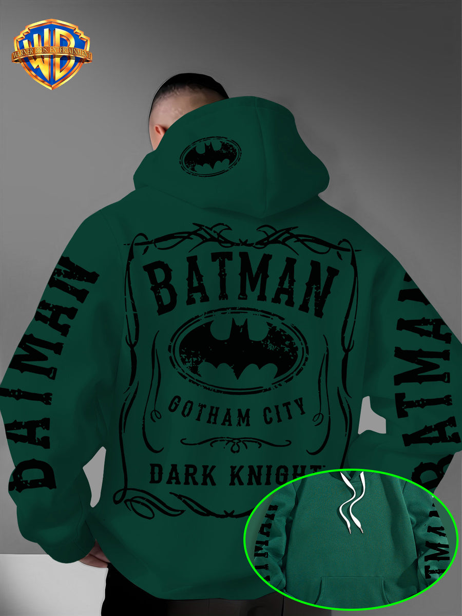 Warner Bros. Authorized American Cool Batman Retro Border Printed Hooded Sweatshirt with Adjustable Drawstring, Comfortable And Warm, Fashionable And Versatile Men'S Casual Sweatshirt, Suitable for Autumn And Winter Wear - Green