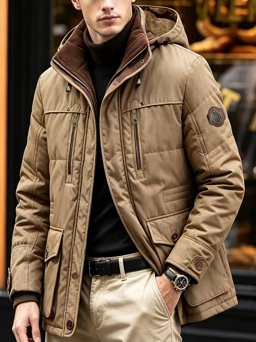 Cargo Jacket, Removable Hood Corduroy Lining Multi-Zipper Pockets, Warm Casual Top Jacket, Western Trendy Outerwear. Men'S Fashion Winter Mid-Length Fleece-Lined Thick Jacket, Men'S Work Practical Jacket - Khaki