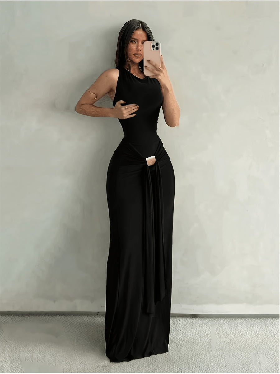 Elegant and Delicate Metallic Trimmed,, Sleeveless, Sexy Open-back Dress Perfect for Dates, Parties, or Casual Attire - Stylish, Classic, Solid Color, Long Dress - Black