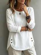 Women's Solid Color Casual Crew Neck Long Sleeve Shirt - White