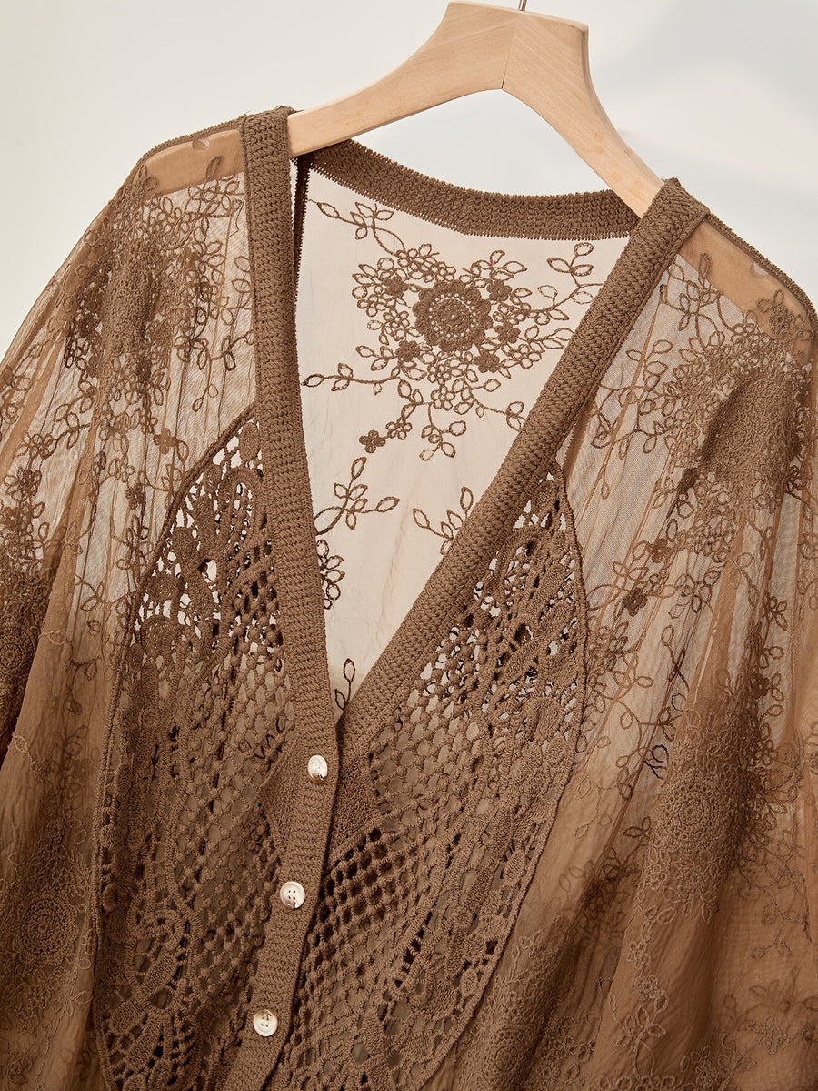 Bohemian Openwork Embroidery Spring and Summer Ethnic Fashion Joker Casual Cardigan, Suitable for Going Out to Wear. - Coffee Color