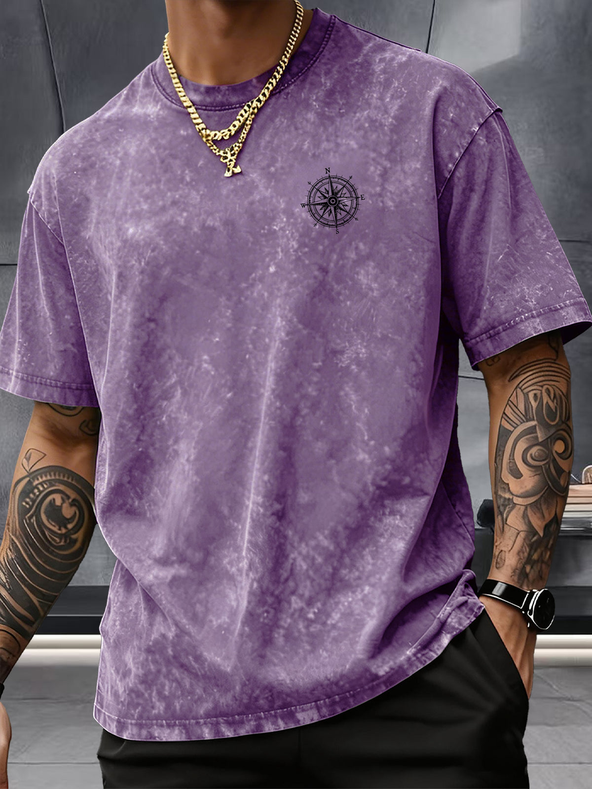 Short Sleeve Top, Washed Distressed Loose Round Neck T-Shirt, Double-Sided Compass And Needle Trendy Print, Casual Styling American Street High Street Hip-Hop Couple Style Daily Outing Commute Statement Sports Fitness All-Match Top - Purple