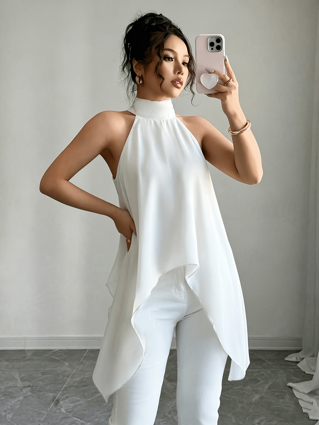 Spring Summer Elegant Fashion Design Halter Tie-Back Blouse - White