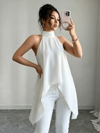 Spring Summer Elegant Fashion Design Halter Tie-Back Blouse - White