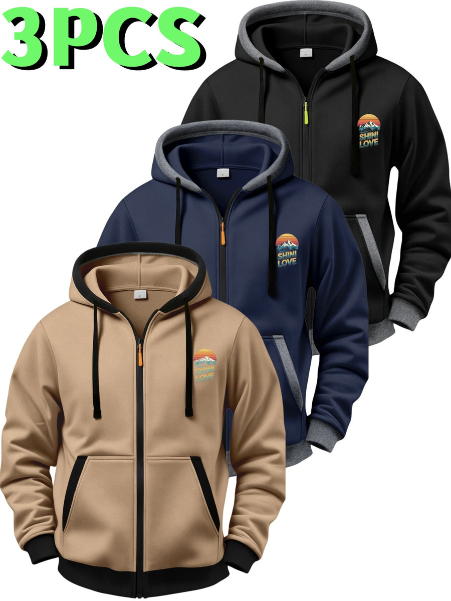 3pcs Set Vintage Sunset Mountain Peak Letter Small Print Zip-Up Hooded Sweatshirt for Men and Women, Spring/Autumn Contrast Trim Full-Zip Cardigan Jacket, Outdoor Mountain Style Loose Fit Casual 3pcs Versatile Zip-Up Hoodie Set - Black+Navy+Khaki