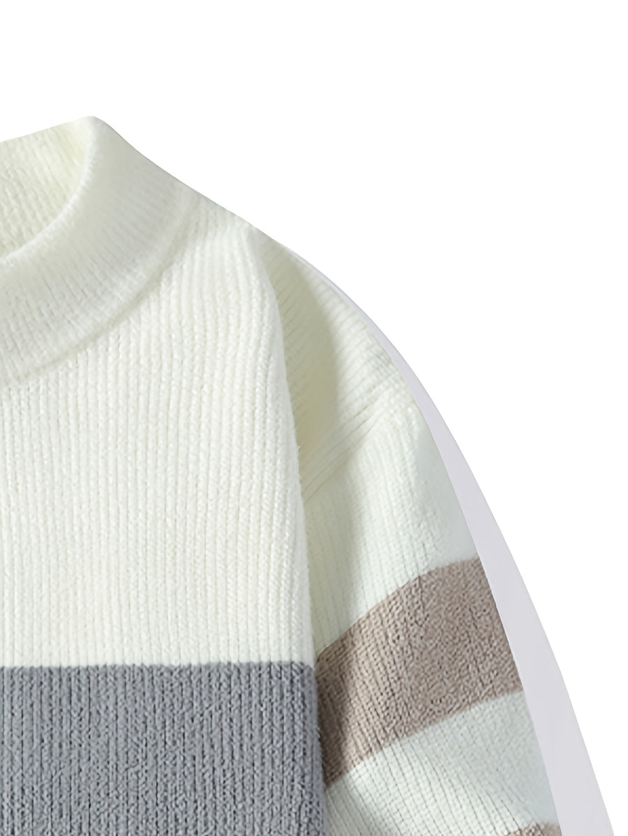 Men'S Round Neck Jacquard Sweater 2026 Autumn And Winter New Fashionable Contrasting Color Loose Thick Knitted Pullover Top - Off-white