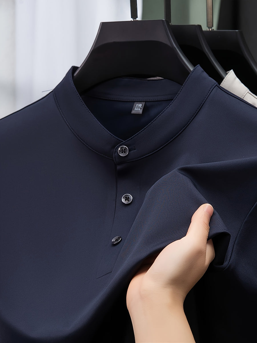 Joshime OBM Men's T-Shirt, New Summer Style, Men's Stand Collar Solid Color Short Sleeve Tee, Middle-Aged Casual Half-Sleeve T-Shirt - Navy Color