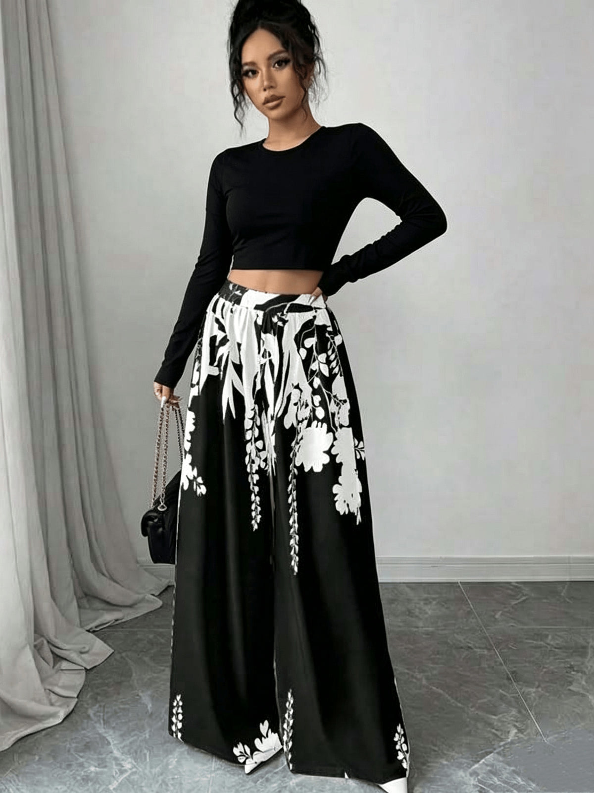 Black White Floral Print Wide Leg Pants Summer Autumn High Waist Palazzo Trousers - Deep Grey