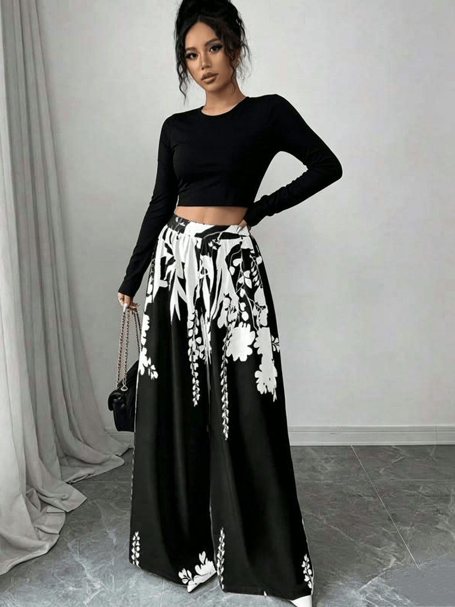 Black White Floral Print Wide Leg Pants Summer Autumn High Waist Palazzo Trousers - Deep Grey