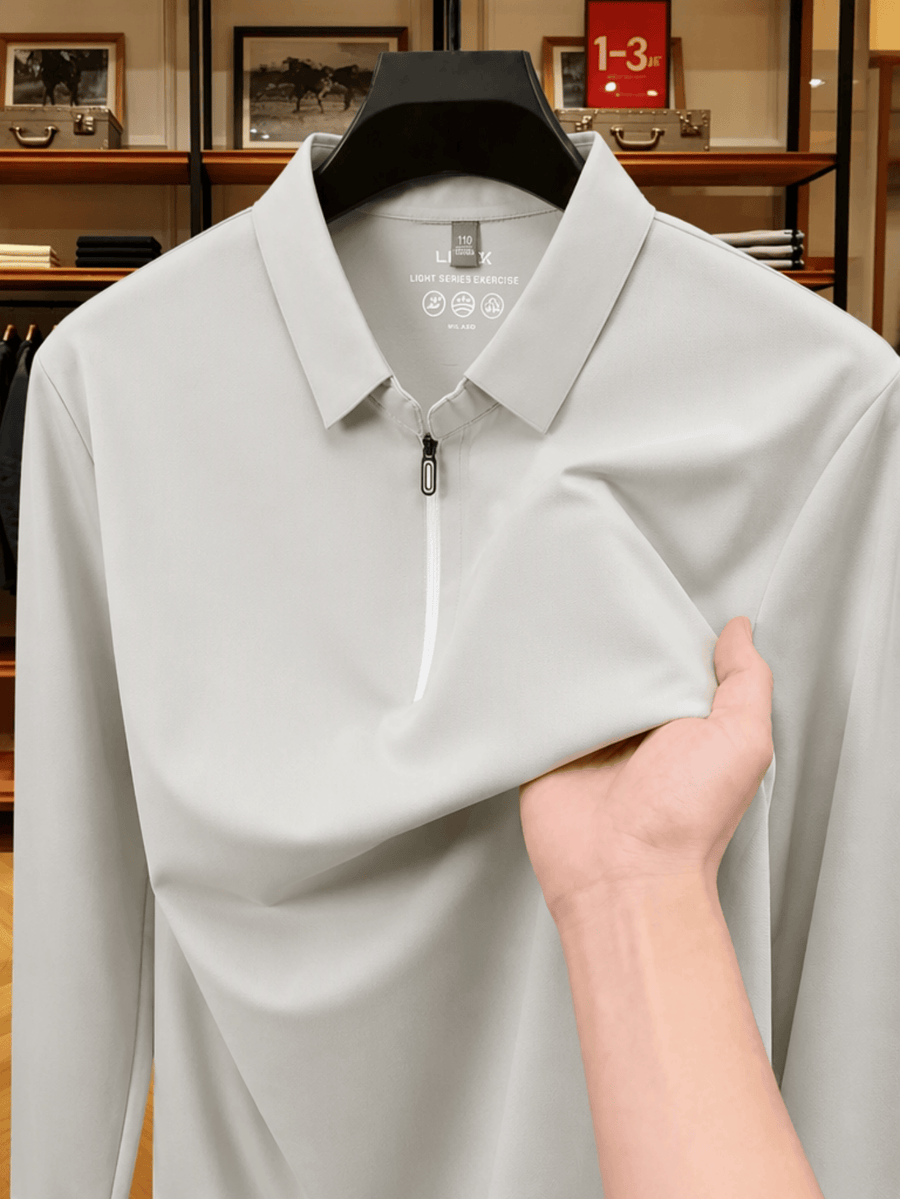 Men'S Thin Loose Zip Collar Lapel Long Sleeve Polo Shirt Skin-Friendly Non-Iron Business Casual Top for Spring Autumn Daily Commute Layering Outfit for Middle-Aged Dad, Suitable for Golf, Fishing, Tennis, Outdoor Sports - Beige Color