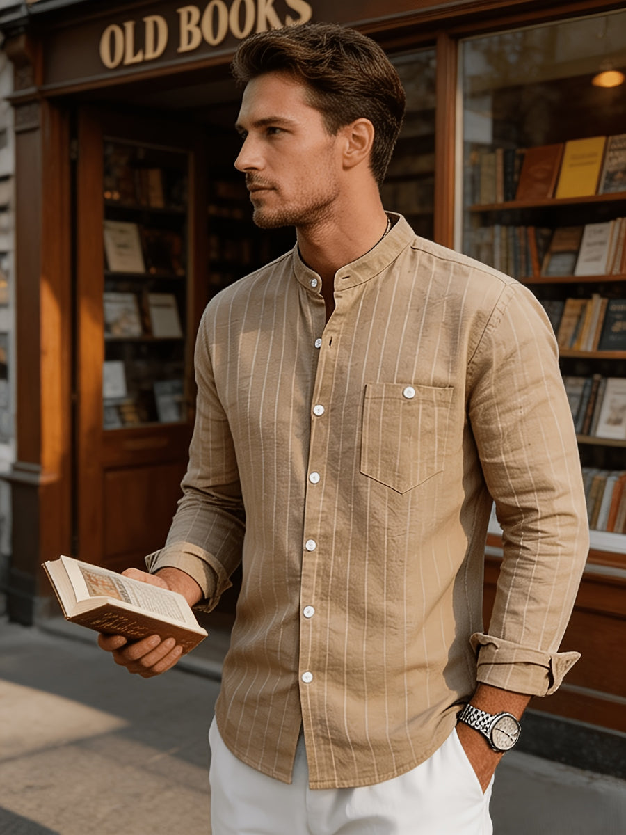 Men's Linen Long-Sleeve Striped Shirt for Spring, Autumn, and Summer, Suitable for Casual, Commuting, and Outings - Khaki
