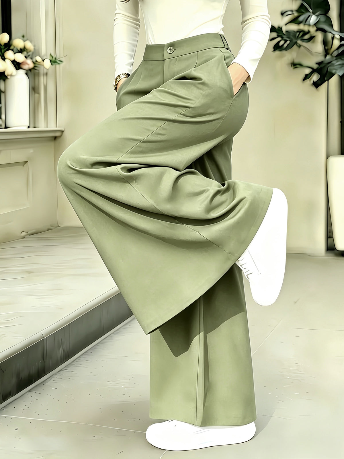 Women's Slim Fit Casual Pants - Spring/Summer Women's Trousers - High-Waisted Fashionable Long Pants - Versatile High-Waisted Casual Wide-Leg Pants - Matcha Color