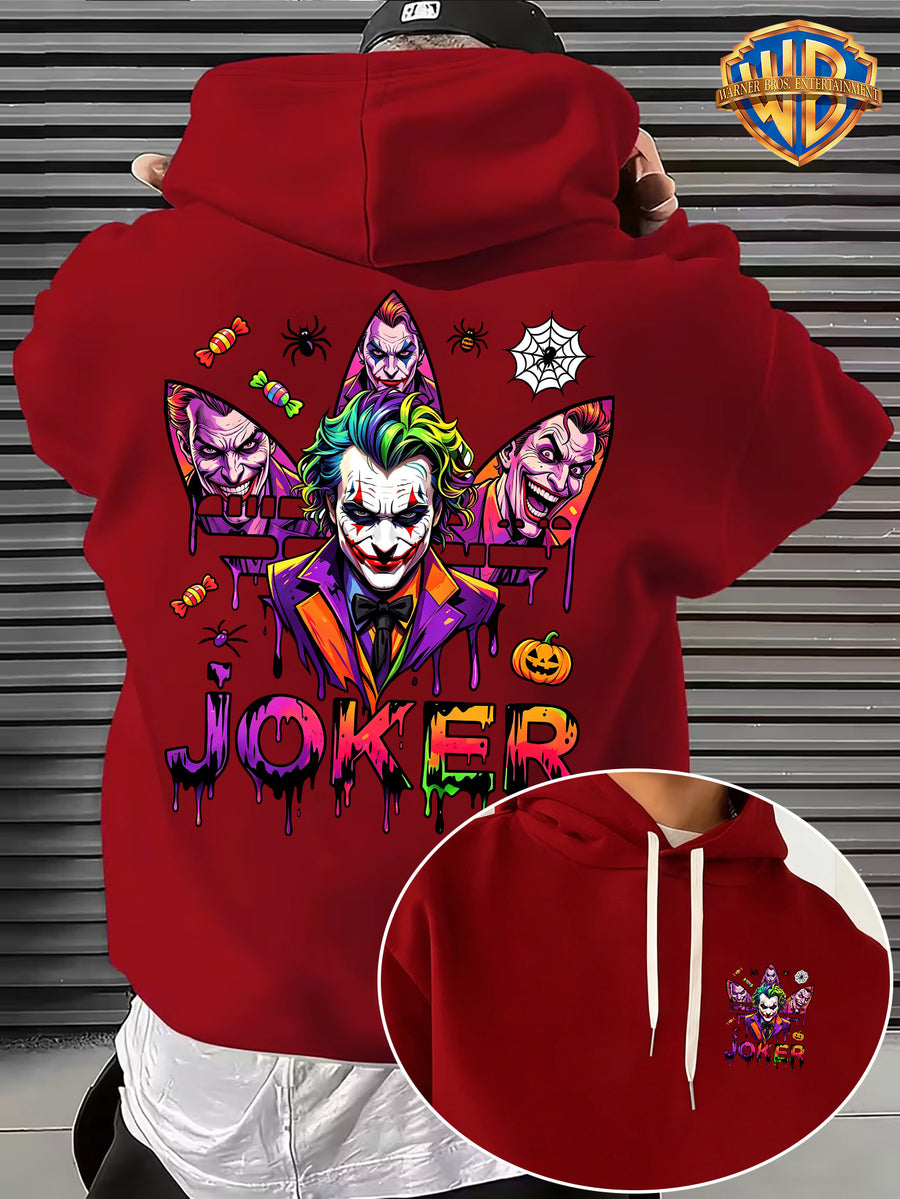 Warner Bros. Official Licensed Men'S Hoodie, Halloween Splatter Graffiti Theme Multi-Version Clown Head, Featuring Spider, Web, Candy, Pumpkin And Other Halloween Elements, Dripping Paint Effect Pattern Print, Street Style Men'S Pullover Hoodie - Red