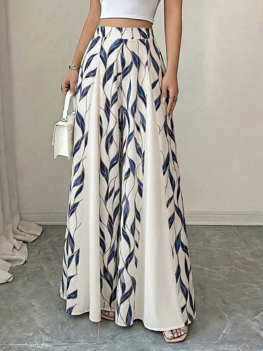Women'S Elegant Printed Patchwork A-Line Long Skirt Pants - Blue