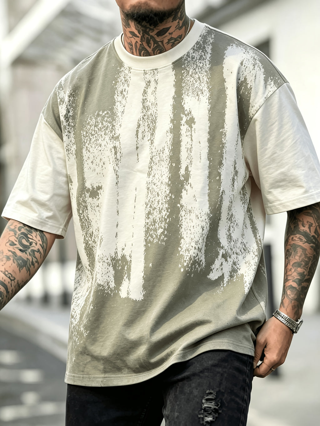 Men'S Oversized Drop Shoulder Crew Neck Short Sleeve T-Shirt, Vintage Faded Vertical Splash Print Elastic Loose Fit Hip Hop Streetwear Basic Tee, Breathable Relaxed Cut Summer Daily Outdoor Workout Casual Top for Men - Apricot