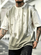 Men'S Oversized Drop Shoulder Crew Neck Short Sleeve T-Shirt, Vintage Faded Vertical Splash Print Elastic Loose Fit Hip Hop Streetwear Basic Tee, Breathable Relaxed Cut Summer Daily Outdoor Workout Casual Top for Men - Apricot