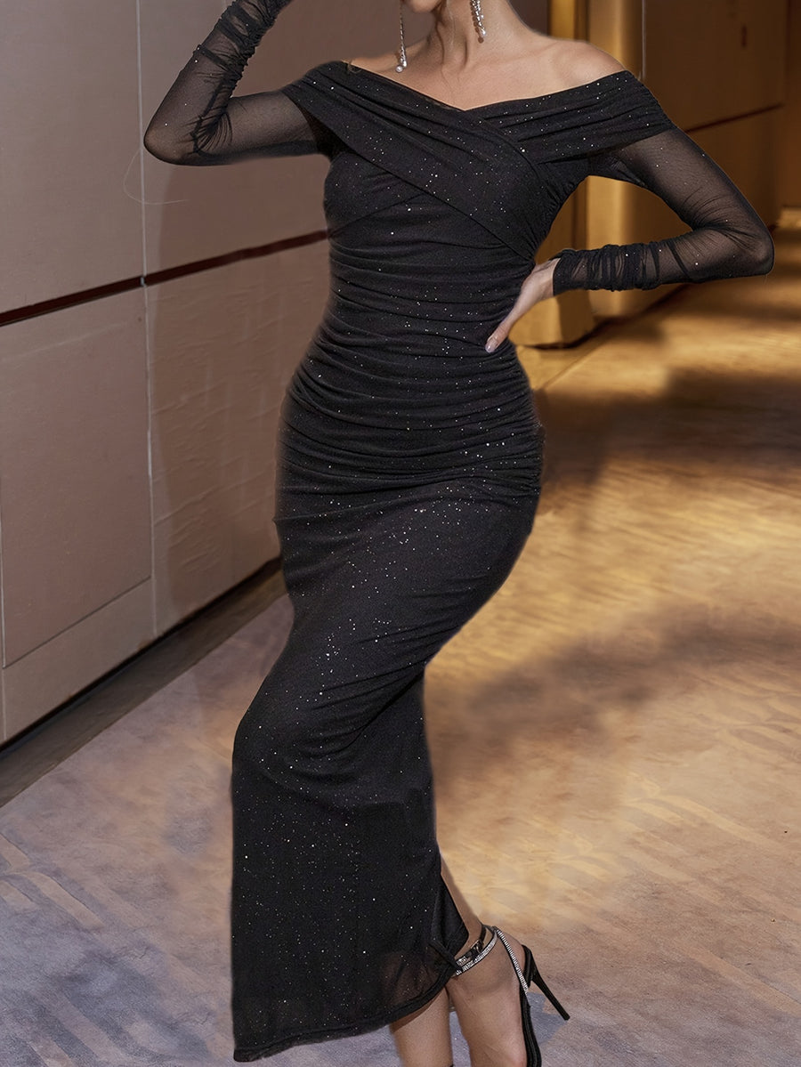 Form-Fitting Long-Sleeve Party Dress with Off-Shoulder Design And Sexy Ruffled Details - Black