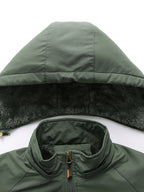 Men'S Fleece-Lined Hooded Winter Jacket, Thermal Warm Windproof Cold-Resistant Coat, Regular Fit Adjustable Hood Outerwear for Snow Skiing, Hiking, Daily Winter Commute with Multi-Zipper Pockets, Adjustable Cuffs & Embroidered Badge Logo - Military Green