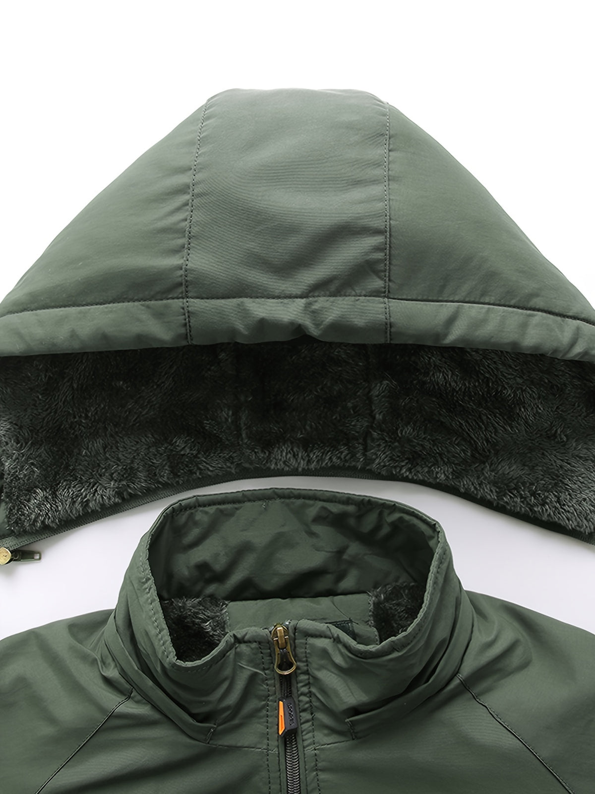 Men'S Fleece-Lined Hooded Winter Jacket, Thermal Warm Windproof Cold-Resistant Coat, Regular Fit Adjustable Hood Outerwear for Snow Skiing, Hiking, Daily Winter Commute with Multi-Zipper Pockets, Adjustable Cuffs & Embroidered Badge Logo - Military Green