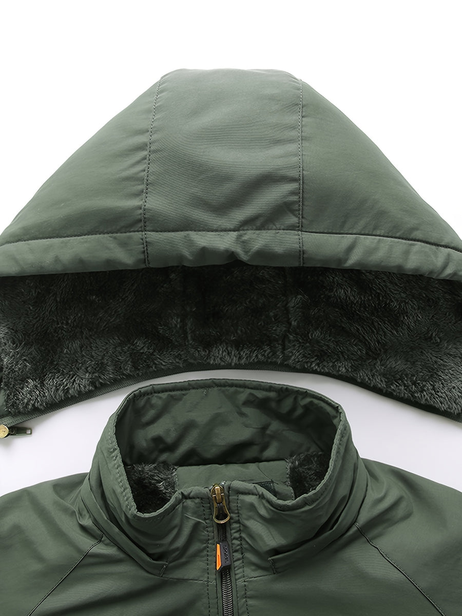 Men'S Fleece-Lined Hooded Winter Jacket, Thermal Warm Windproof Cold-Resistant Coat, Regular Fit Adjustable Hood Outerwear for Snow Skiing, Hiking, Daily Winter Commute with Multi-Zipper Pockets, Adjustable Cuffs & Embroidered Badge Logo - Military Green