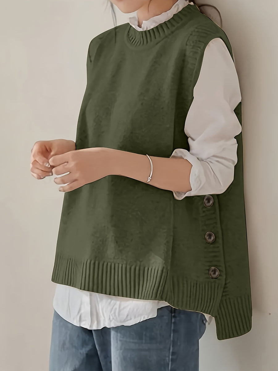 Round Neck Short Front And Long Back Button Sweater - Olive Green