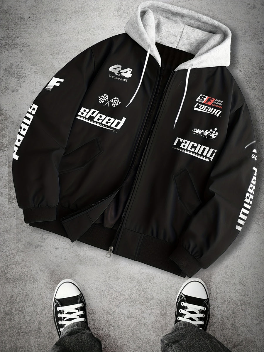 Casual American Street Racing Print Design Trendy 2-in-1 Look Hooded Jacket JK5682 - Black