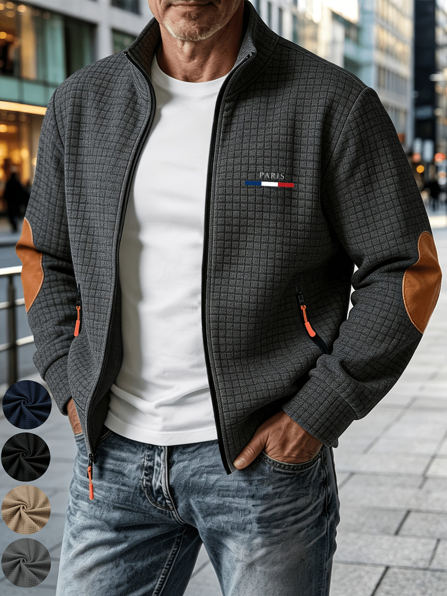 [Pearson OBM] Men'S Autumn Winter Sports Short Collar Jacket, Classic Print Design, Zippered Pockets Fashionable Small Plaid Textured Fabric, Elbow Classic Color-Block Casual Coat, Spring Autumn Versatile Zippered Cardigan Top, Suitable for Gifting - pa gray