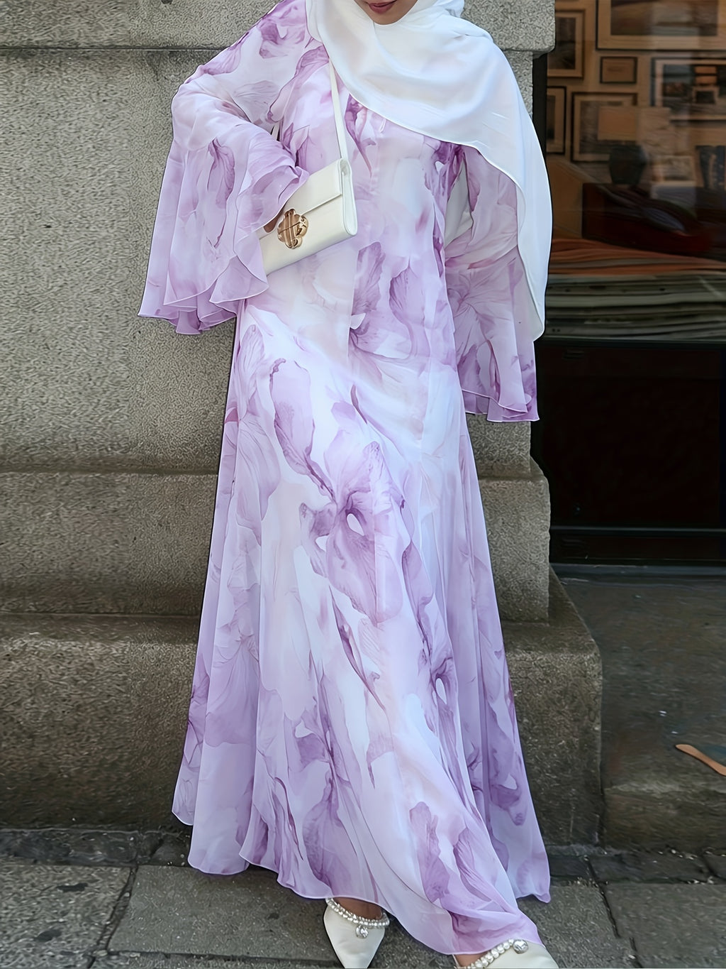 Autumn'S New French Elegant Round-Neck Long Dress, Elegant And Romantic Pink Floral Printed Flared Sleeve Long Dress/Elegant Street Style/Eye-Catching Long-Sleeved Floor-Length Dress for Dates - Light Purple