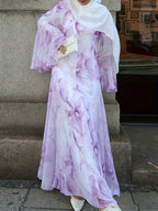 Autumn'S New French Elegant Round-Neck Long Dress, Elegant And Romantic Pink Floral Printed Flared Sleeve Long Dress/Elegant Street Style/Eye-Catching Long-Sleeved Floor-Length Dress for Dates - Light Purple