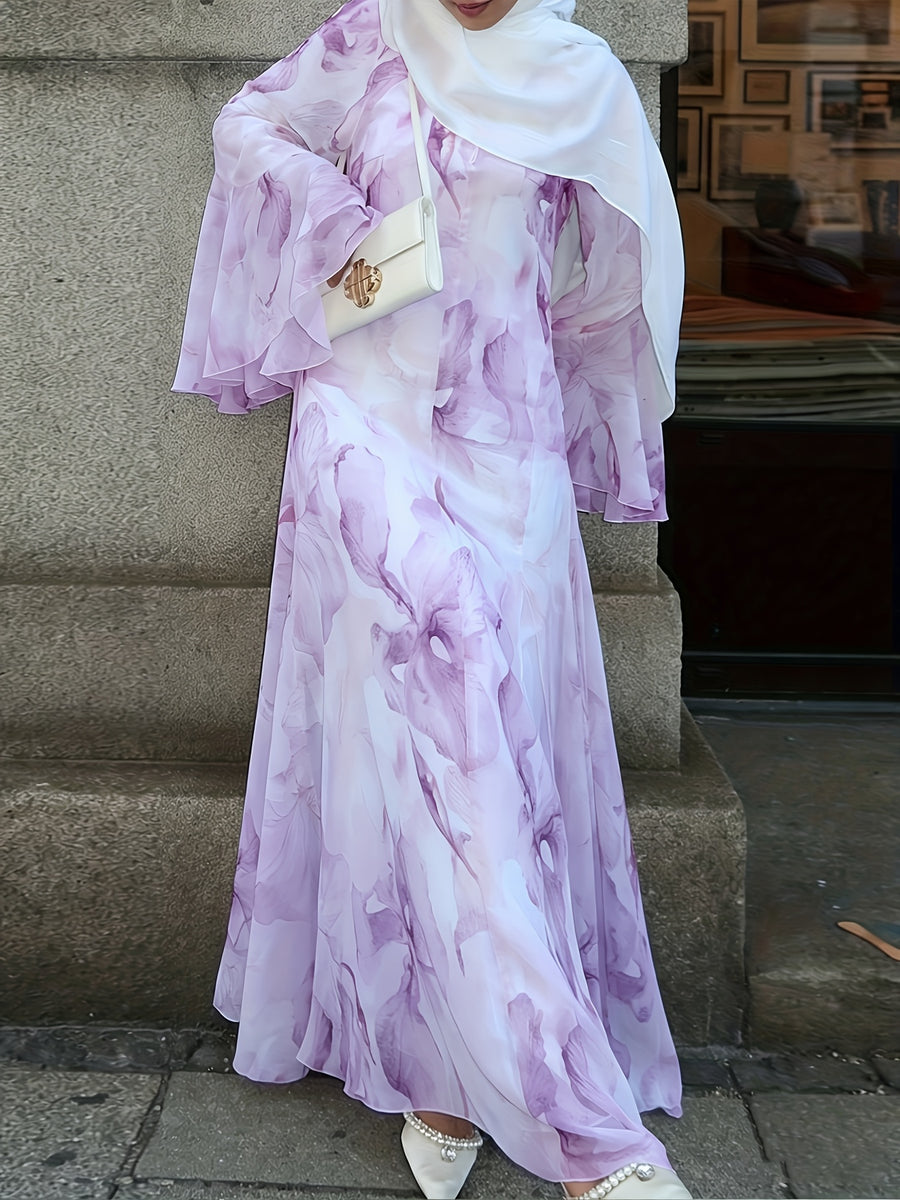Autumn'S New French Elegant Round-Neck Long Dress, Elegant And Romantic Pink Floral Printed Flared Sleeve Long Dress/Elegant Street Style/Eye-Catching Long-Sleeved Floor-Length Dress for Dates - Light Purple