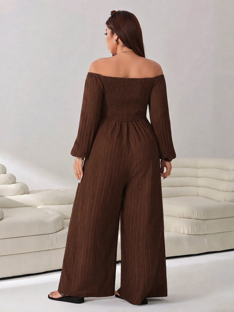 Plus Size Women'S Solid Long Sleeve Wide Leg Jumpsuit - Brown