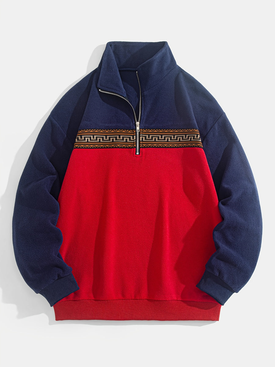 Men'S Fleece Ethnic Style Webbing Color Block Stand-Up Collar Sweatshirt Warm Casual Jacket - Red