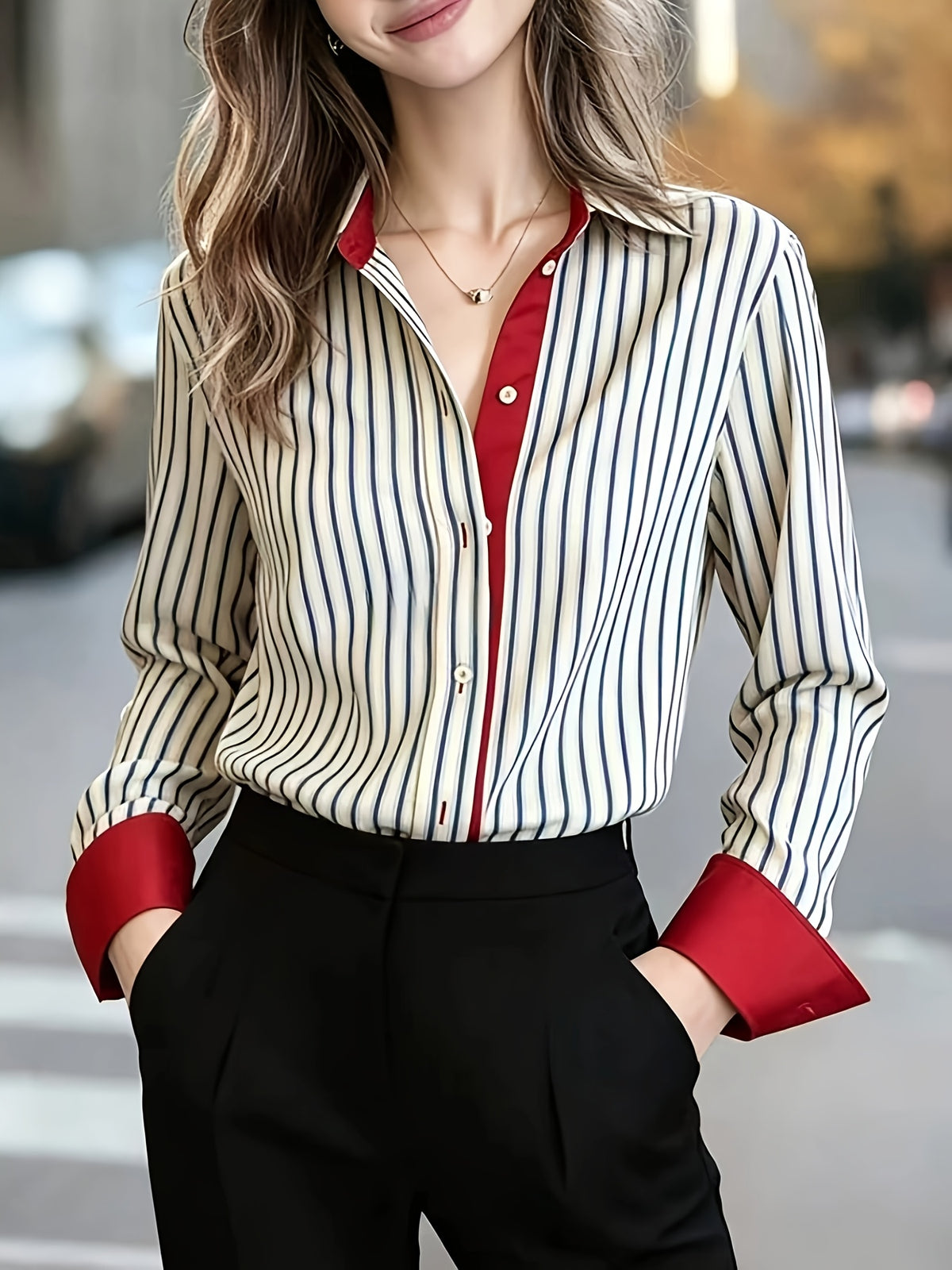 Women's French-Style Cagoule Blouse - Elegant Collar -Front Shirt with Striped Trim, Machine Washable Suitable for Spring Daily Wear, Office & Semi-Formal Outfits, Non-Stretch Blouse Top - Stripe