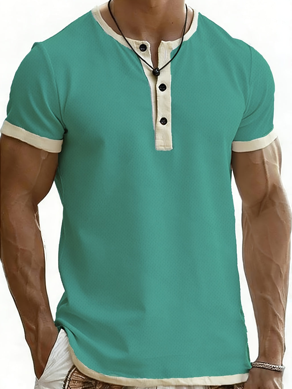 2pcs Men'S Henley Short-Sleeve T-Shirt, Slim-Fit Casual Top, Contrast Color Design, Ideal for Pool Parties, Beach Vacations, And As a Gift for Beachwear, Daily Commute, Casual, Lazy - Dark Brown + Cyan