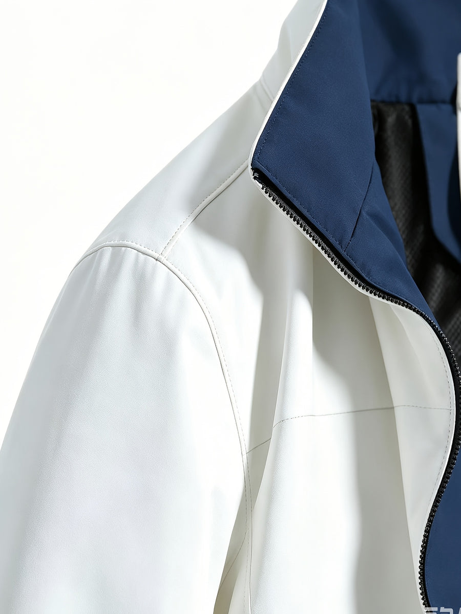 Simple Large "R" Letter Navy Blue Lined White Full-Zip Stand Collar Windproof Jacket for Men and Women, Spring/Autumn Multi-Pocket Trendy Casual Outdoor Windbreaker - White