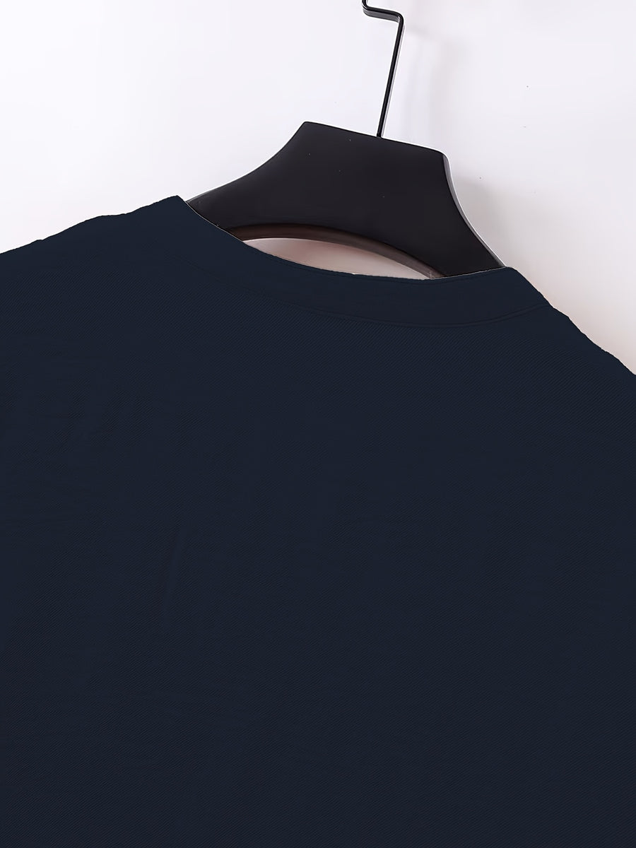 Men's Stand-Up V-Neck Half-Open Placket Linen Long-Sleeve Shirt, Solid Color Basic Style, Suitable for Beach Vacations, Daily Outings, and Casual Gatherings, Can Be Worn Alone or as an Inner Shirt - Navy Color