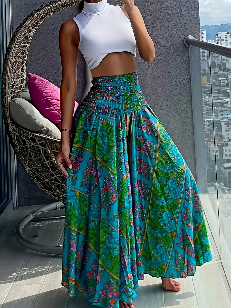Women's Bohemian Print Pleated Waist Skort - Green Flower