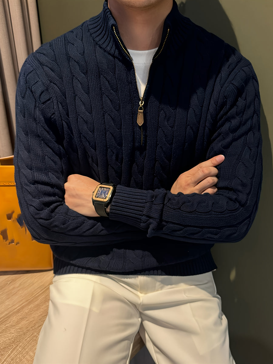 Autumn Winter Korean Style Casual Knit Sweater Half-Zip Stand Collar Lazy Style Pullover Long Sleeve Sweater Men'S - Navy blue color
