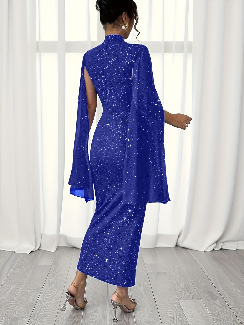 Women's Elegant Slim-Fit Shining Patchwork Dress with Starry Sky Print & Slit Sleeves - Mid-Length Pencil Dress, Stand Collar, Machine Washable for Weddings, Parties, Business Events - Year-Round Wear - Blue