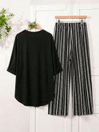 Women's Cuff-Tie Button-Up Shirt and Wide-Leg Pants 2pcs Set - Black