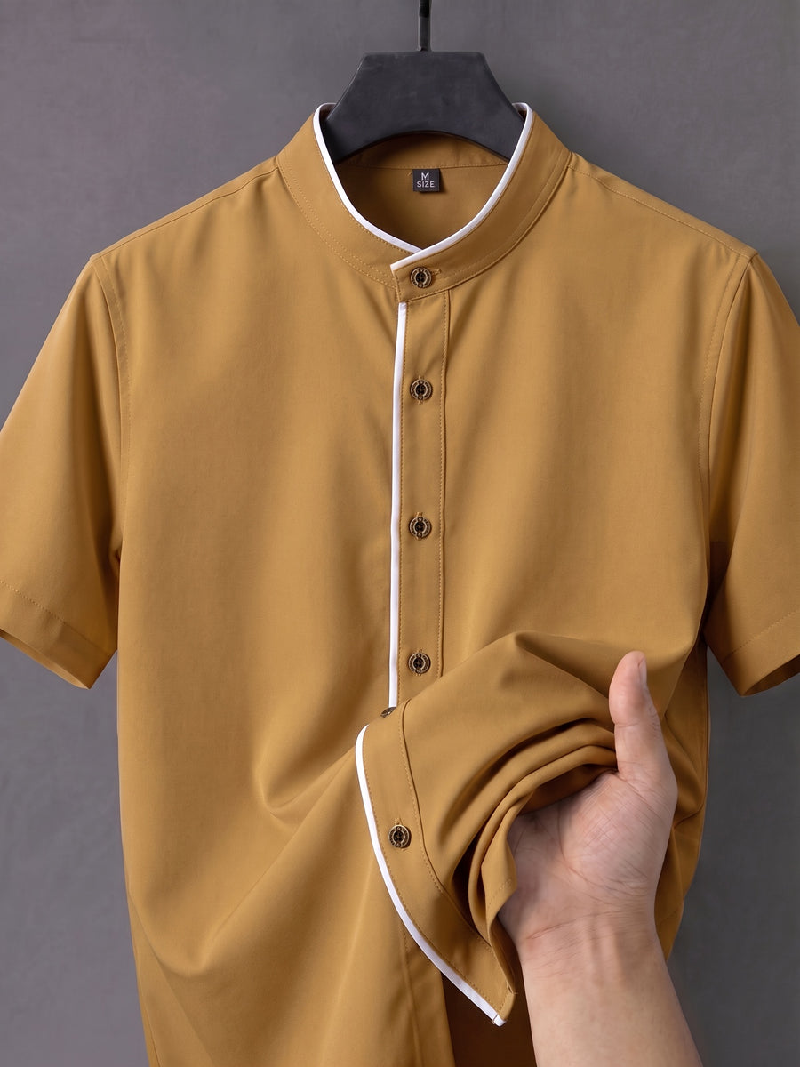 Men'S Short-Sleeved Shirt, Henley Collar/Stand-Up Collar Design, Placket Splicing Contrast Color Design - Yellowish-brown