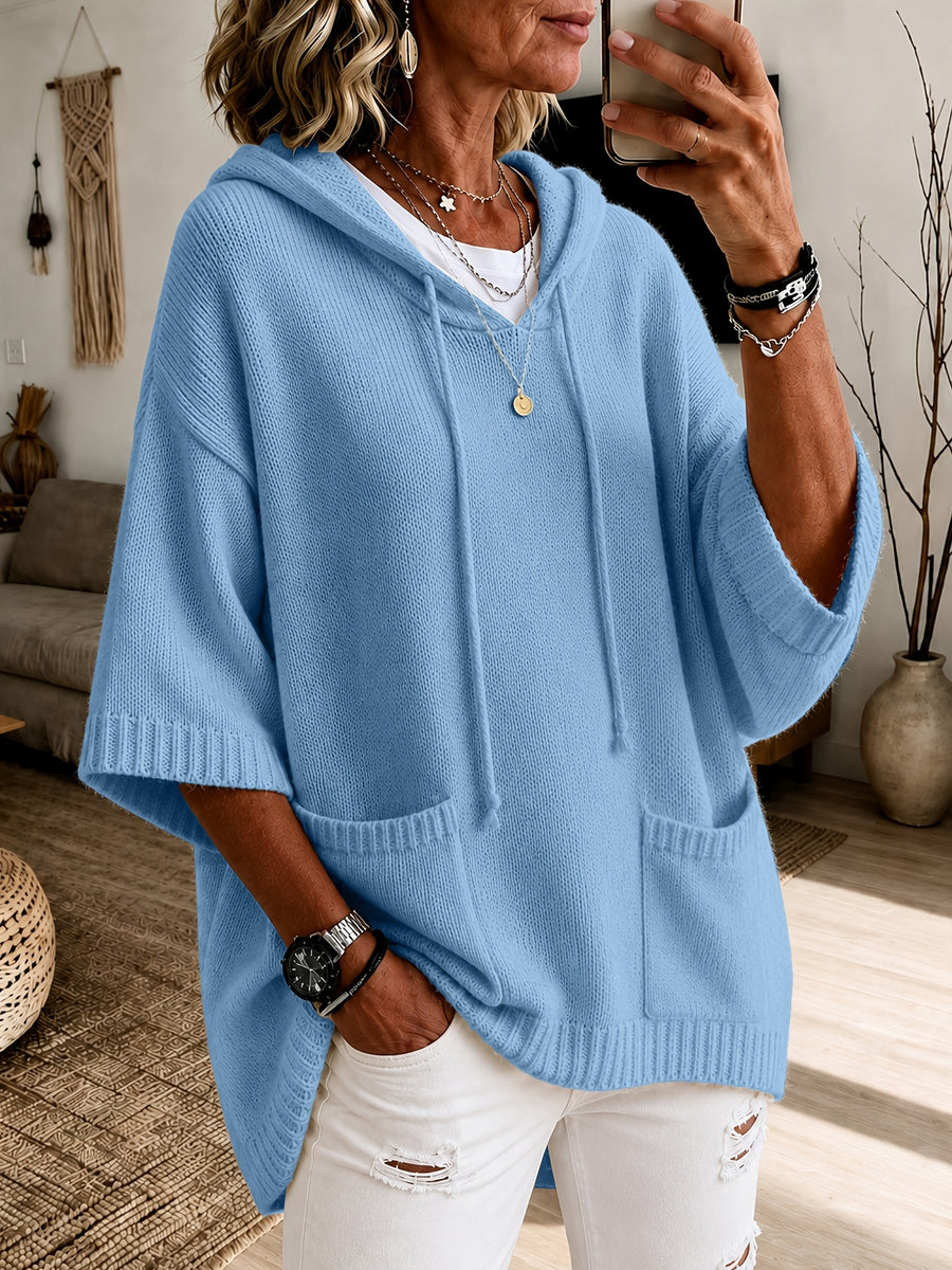 2026 Women'S Fall Winter Solid Color Hooded 3/4 Sleeve Cape Sweater Top with Drawstring And Double Pockets, Casual Easy Fashion Versatile Commute Home Vacation Outfit Pullover Top Women'S Clothing - Fog Blue