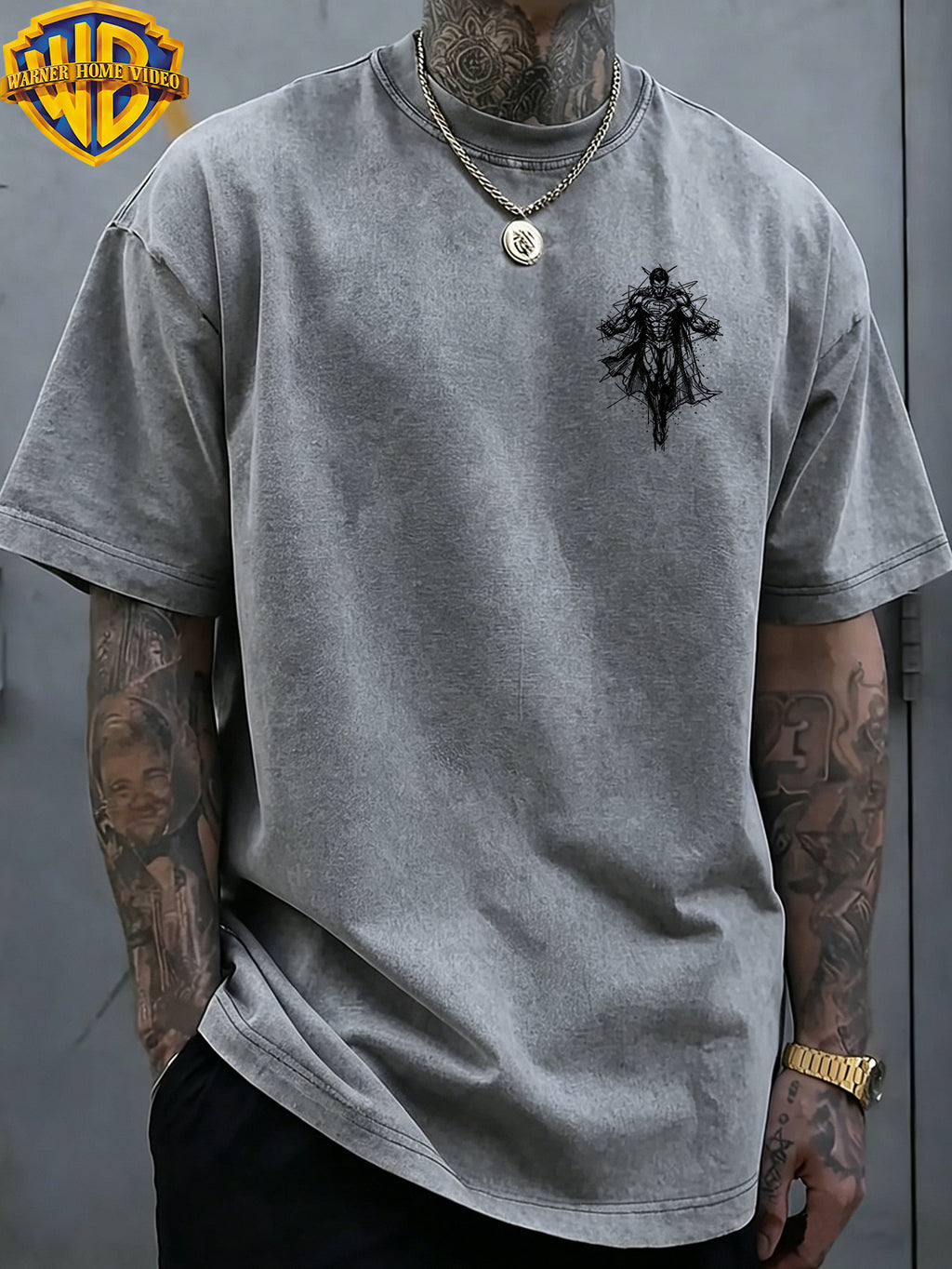 Authorized by Warner Bros., Superman Sketch Line Back Print, American Retro Washed Distressed T-Shirt, Unisex, Machine Washable, Suitable for Daily Commute And Outdoor Wear - Grey