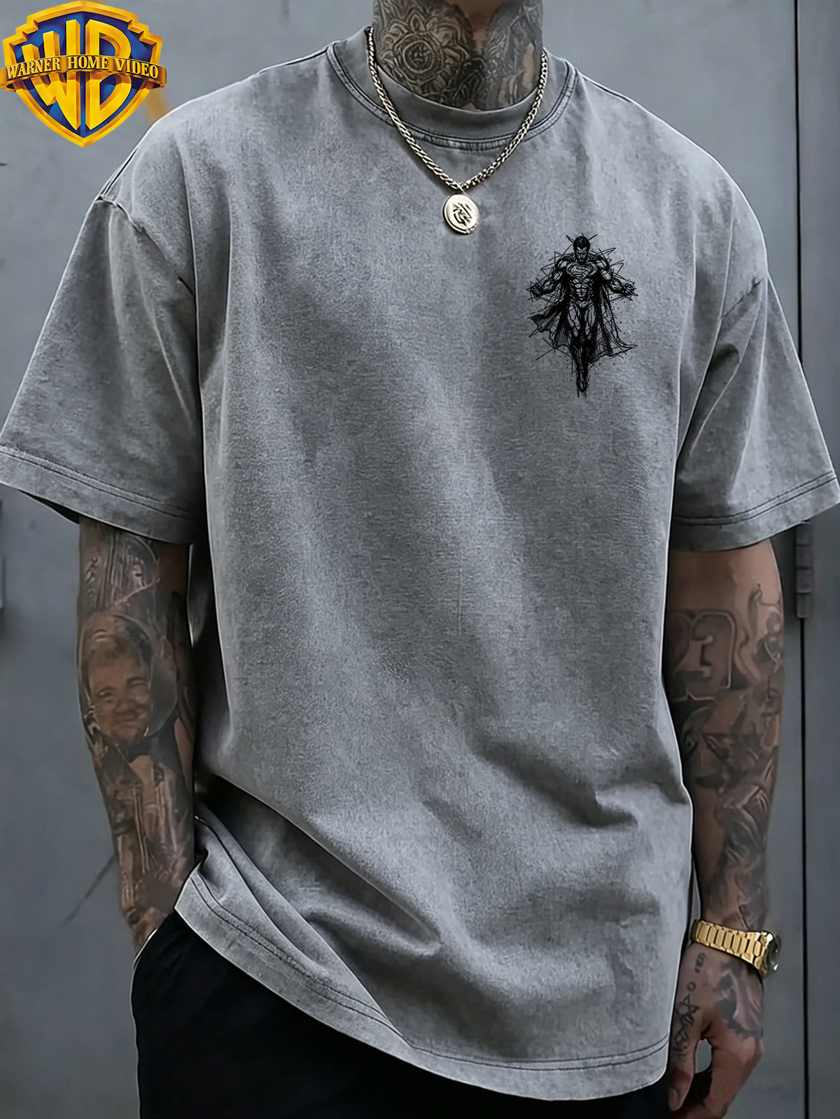 Authorized by Warner Bros., Superman Sketch Line Back Print, American Retro Washed Distressed T-Shirt, Unisex, Machine Washable, Suitable for Daily Commute And Outdoor Wear - Grey
