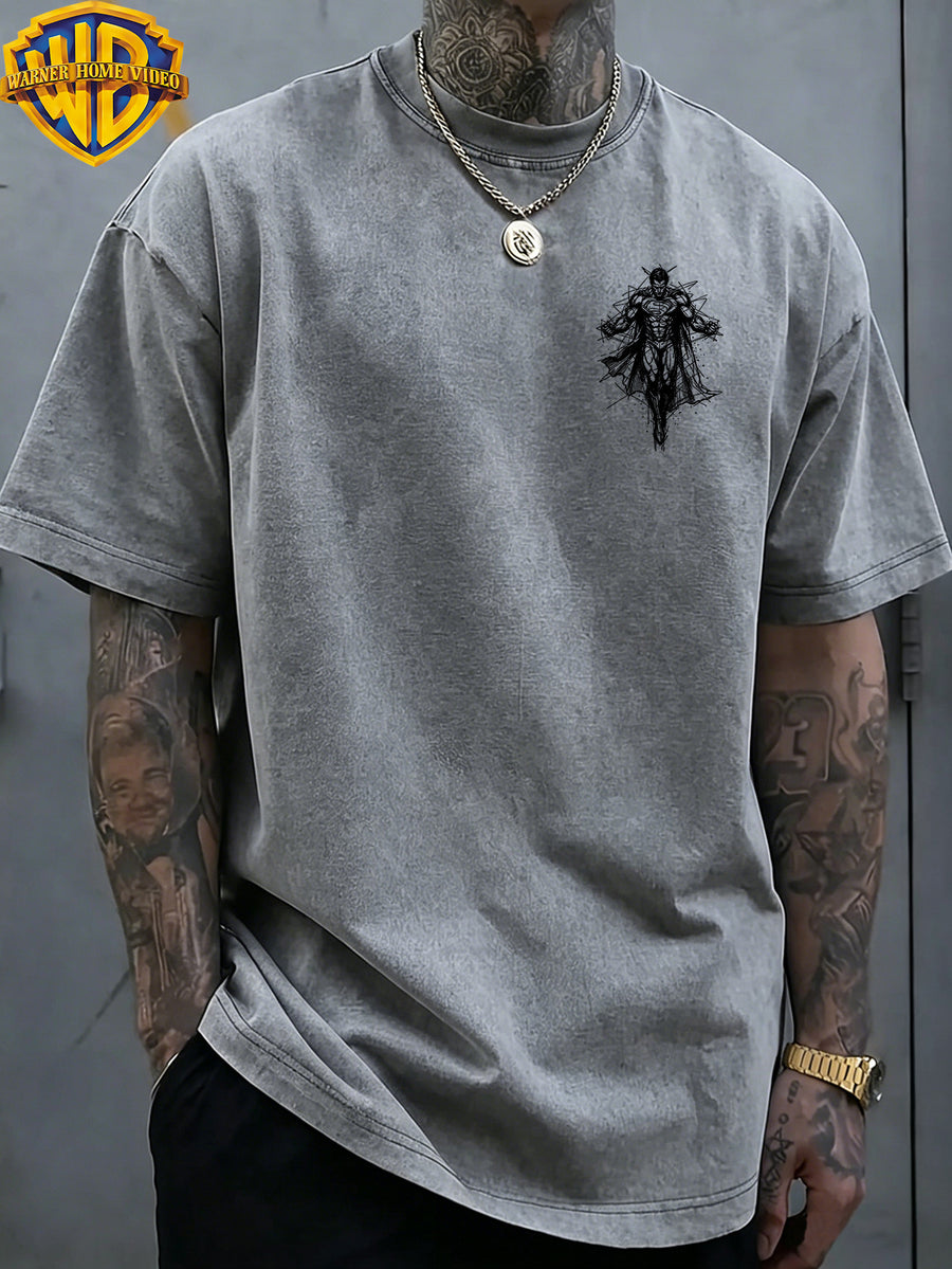 Authorized by Warner Bros., Superman Sketch Line Back Print, American Retro Washed Distressed T-Shirt, Unisex, Machine Washable, Suitable for Daily Commute And Outdoor Wear - Grey