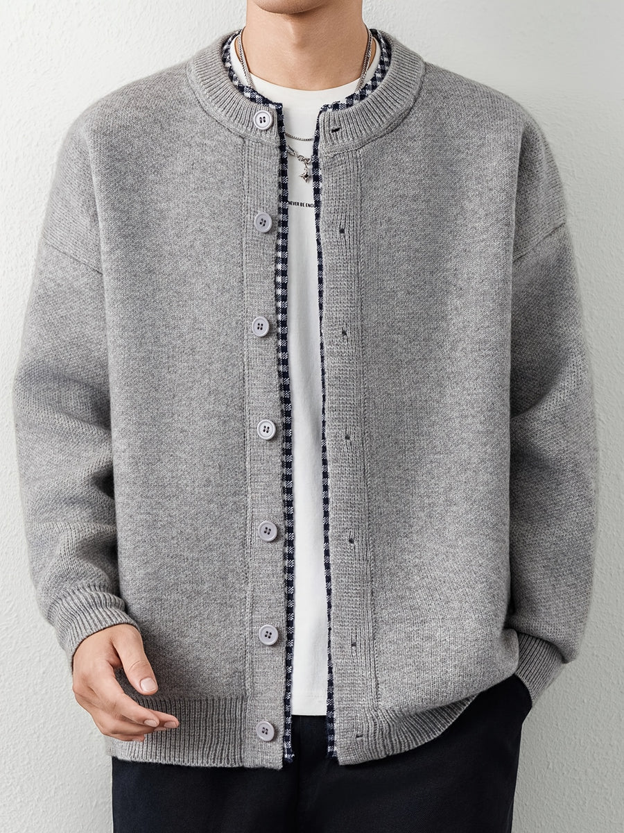 [Wading Whale OBM] 1pc Autumn Winter New Men'S Knit Cardigan, Old Money Style Textured Contrast Round Neck Single Button Front Long Sleeve Sweater Vest Top, Men'S Casual Fashion, Suitable for Spring, Autumn, Winter Wear, Fits Daily Commute - Grey