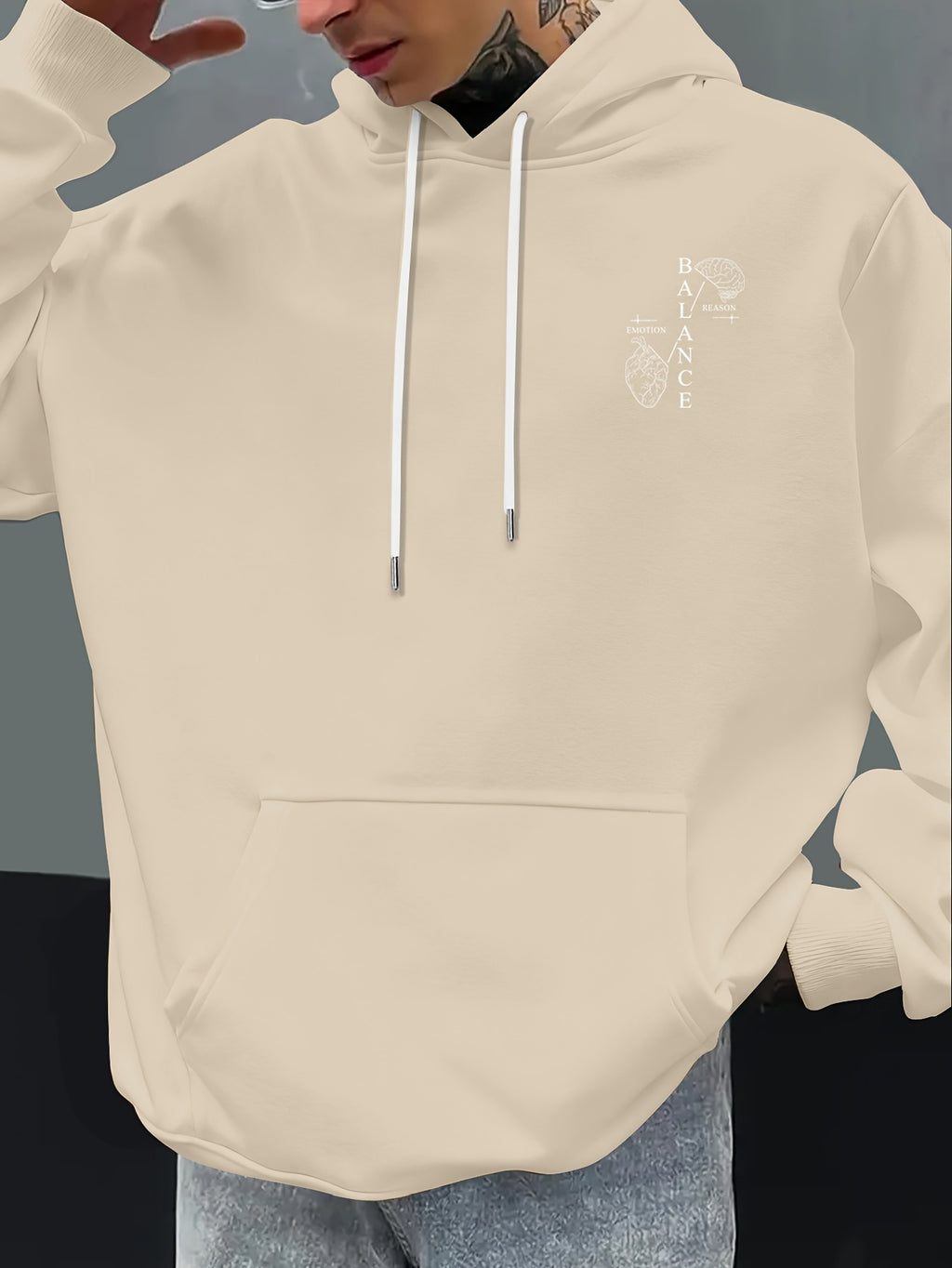 Men'S Autumn Winter Print Hooded Fleece Sweatshirt, Versatile Athletic Casual Loose Hooded Sweater - Khaki